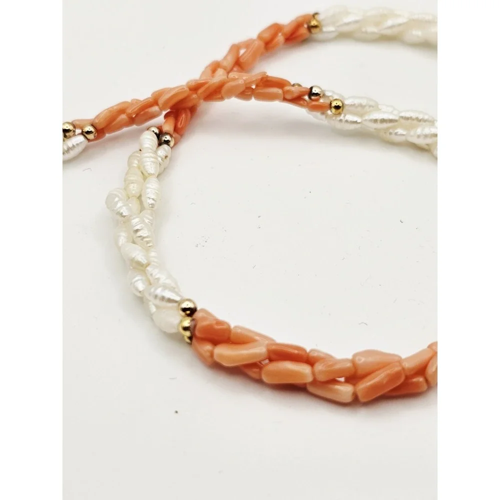 3 Strand Twisted White Rice Pearls/ Coral‎ Necklace With Gold Colored Beads 24